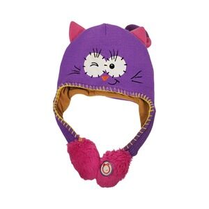 Flipeez Purple Cat Earmuff Hat with Pink Pompoms Winking Face